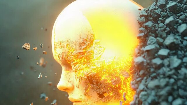Artificial intelligence exploding head with orange lava