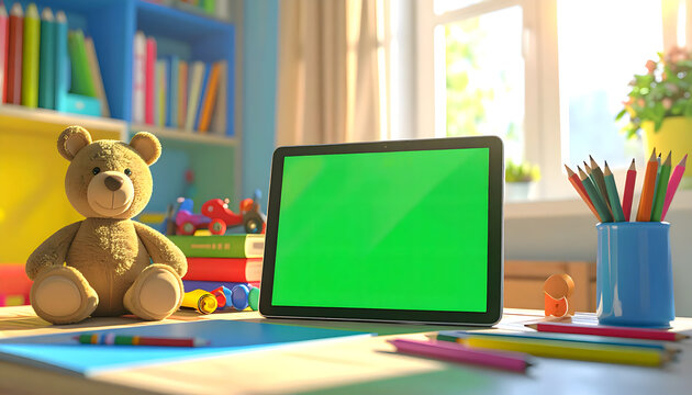 Children's study area with a teddy bear and a tablet with a green screen, ready for digital learning and creative activities