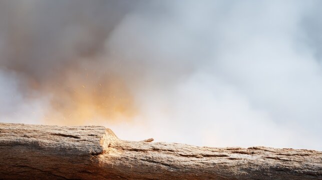 Smoke rises from rugged terrain, creating an atmospheric and dra