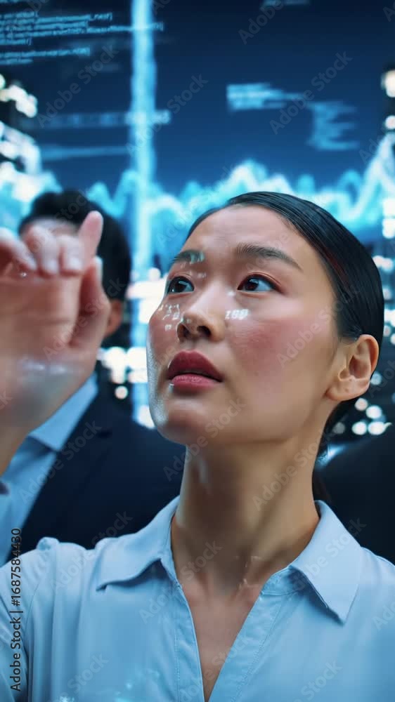 Poster diverse professionals on futuristic rooftop analyzing vast holographic data visualization, overlooki