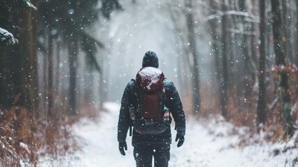 Hiker snowy woods