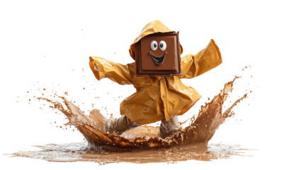 Chocolate Figure in Orange Raincoat Splashing Through Muddy Puddle with Googly Eyes and Smiling Face on Head