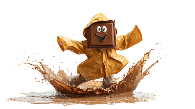 Chocolate Figure in Orange Raincoat Splashing Through Muddy Puddle with Googly Eyes and Smiling Face on Head
