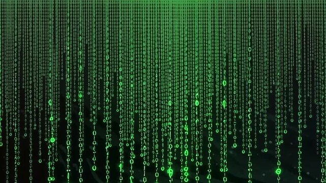 Digital rain of green binary code cascades down a dark background, representing data flow and technology.