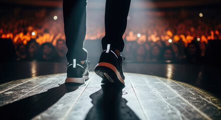 Performer standing on stage in stylish sneakers, illuminated by bright stage lights, with an enthusiastic crowd in the background, creating an electrifying concert atmosphere
