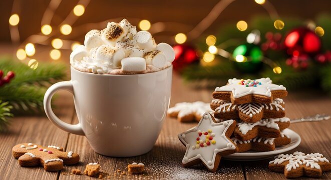 Cozy Christmas hot chocolate with festive gingerbread cookies and warm bokeh lights create holiday magic