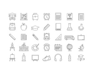 Set of back to school icon. Apple, school bag, headphone, clock, calculator, bus and more icon line art symbol