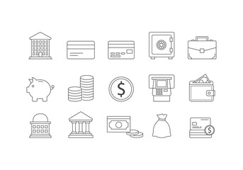 Bank Icon Bundle Line Art Style Symbol Vector Template