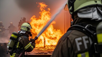 Naklejka premium Firefighters bravely battling a raging blaze, using water hoses to extinguish flames and protect the surrounding area, demonstrating courage and teamwork during an emergency response operation