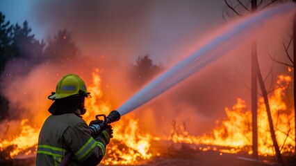 Naklejka premium Firefighter bravely battling a raging wildfire with a powerful water stream, protecting the surrounding forest from destruction