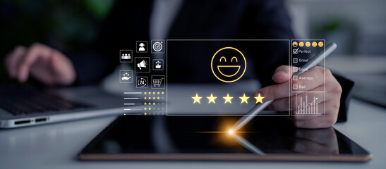 Customer feedback and satisfaction rating system showing star review, happy face, performance...