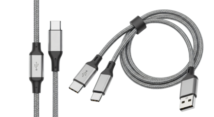 Grey braided USB-A to dual USB-C splitter charging and data sync cable.