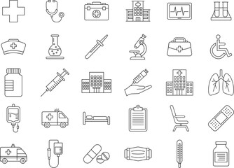 Hospital icon set. Injection, blood, medicine, microscope, bottle, bed, mask icon line art style vector symbol