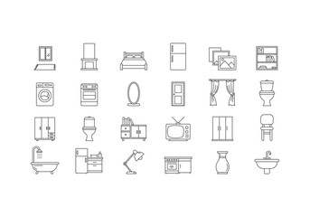 Interior Icon Bundle. Bed, chair, bedroom, furniture, lamp, window, bathroom, bath and more icon line art style vector template