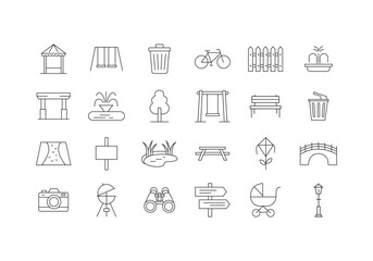 Set of park icon. Garden, bridge, grass, park bench, bicycle, bench icon line art style vector template