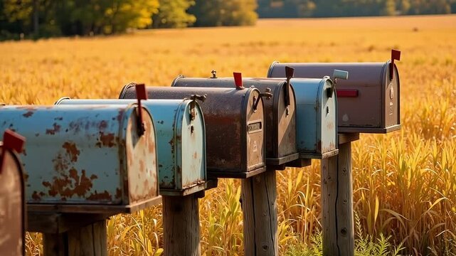 Rustic mailboxes stand in a row along a golden field on a sunny day