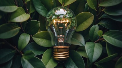 Eco-friendly lightbulb with green foliage inside
