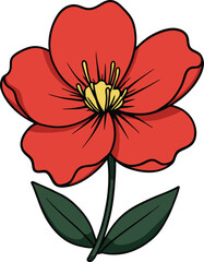 a vibrant red flower with green leaves and yellow center