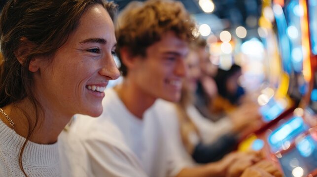 Joyful moments shared at gaming machines, vibrant lights enhanci