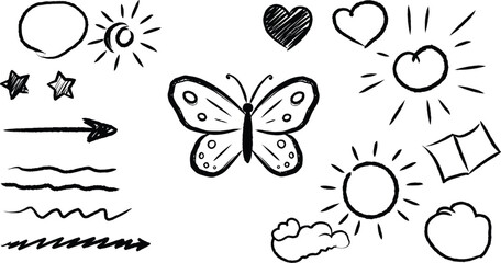 a butterfly surrounded by hearts stars clouds and suns