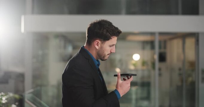 Office, speaker and business man with phone for recording notes, negotiation and call with client. Night, corporate and person on smartphone for online conversation, communication and audio message
