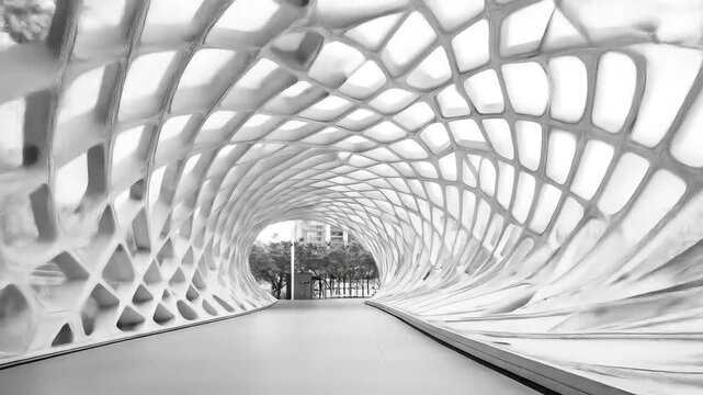 Futuristic White Architectural Tunnel with Parametric Design.