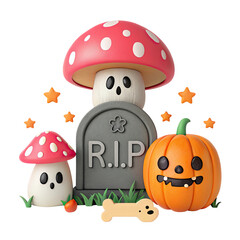 Fototapeta premium Cute halloween scene with a tombstone rip sign a pumpkin and two mushrooms isolated on transparent background