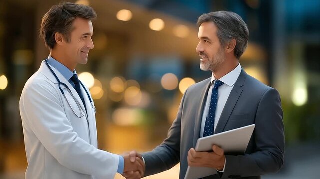 Doctor and sales representative finalize deal in hospital setting