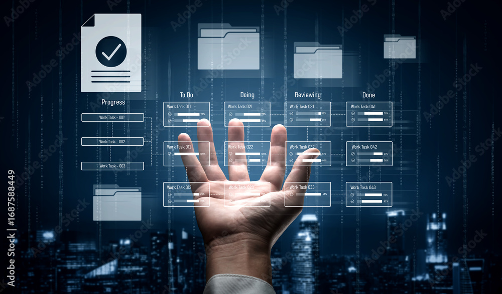 Poster task management workflow dashboard visualizing to-do lists, ongoing tasks, review status, and comple