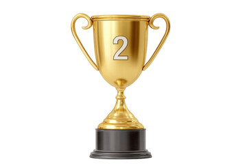A golden trophy with the number 2 on it, isolated on a transparent background, representing achievement and second place in a competition or award ceremony