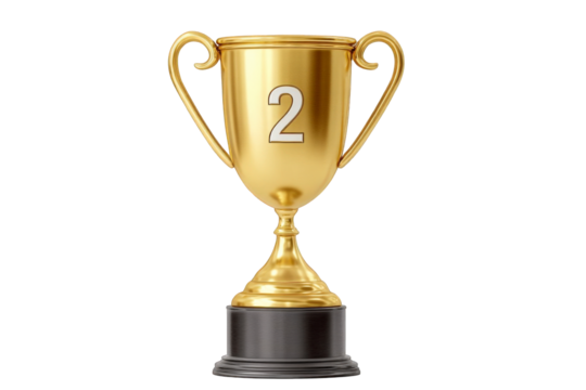 A golden trophy with the number 2 on it, isolated on a transparent background, representing achievement and second place in a competition or award ceremony