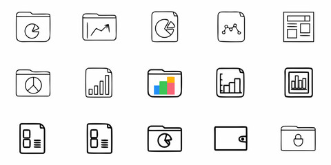 Illustration of folders and documents with graphs, charts, and a wallet icon in a simple line style