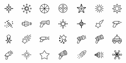 Collection of various star shapes, ray guns, spaceships, and other space themed icons in a doodle style