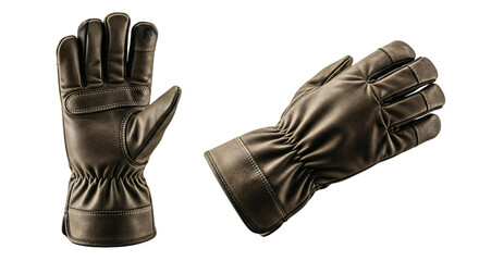Pair of dark brown leather gloves with white contrast stitching and touchscreen fingertips.
