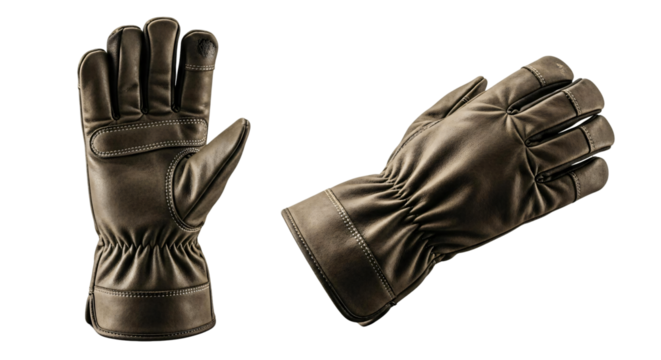 Pair of dark brown leather gloves with white contrast stitching and touchscreen fingertips.