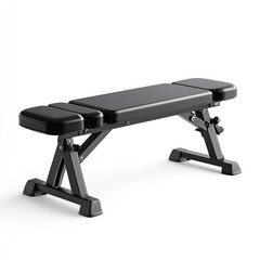A black weight bench with padded surface and adjustable frame on a white background in a studio shot