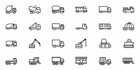 Line art illustration showing various types of trucks and construction vehicles in a simple and clean style