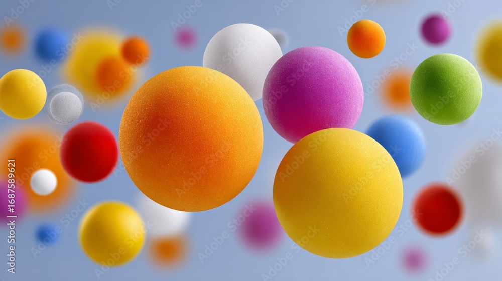 Poster bunch of colorful balls are floating in the air. the colors are bright and vibrant, creating a livel