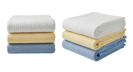 Stack of Three Soft Muslin Cotton Blankets in White Beige and Blue.