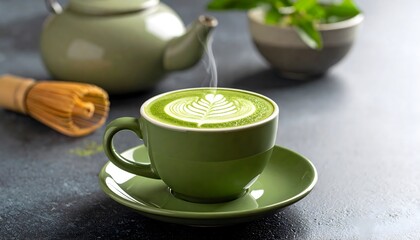 Steaming matcha latte with latte art.