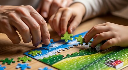 Fototapeta premium Family jigsaw puzzle playtime.