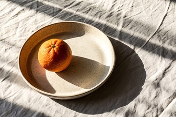 Single orange on ceramic plate with shadows and sunlight on white fabric