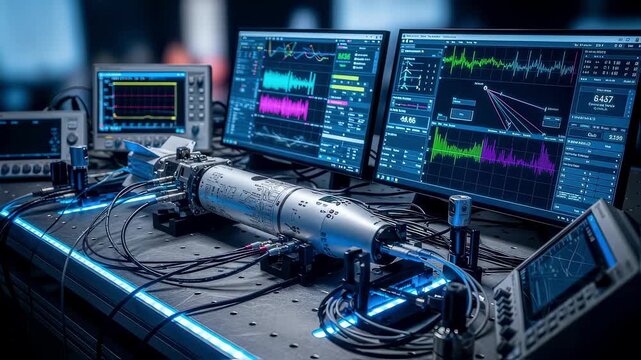 Calibration bench displaying a smart munition guidance module connected to monitoring devices showing realtime data metrics and feedback loops.
