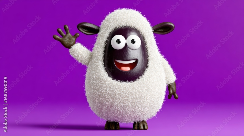 Poster cartoon sheep is waving at the camera with a big smile on its face. the sheep is wearing a fuzzy whi