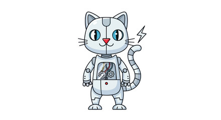 Adorable white and grey cartoon robot cat with blue eyes and a lightning bolt symbol.