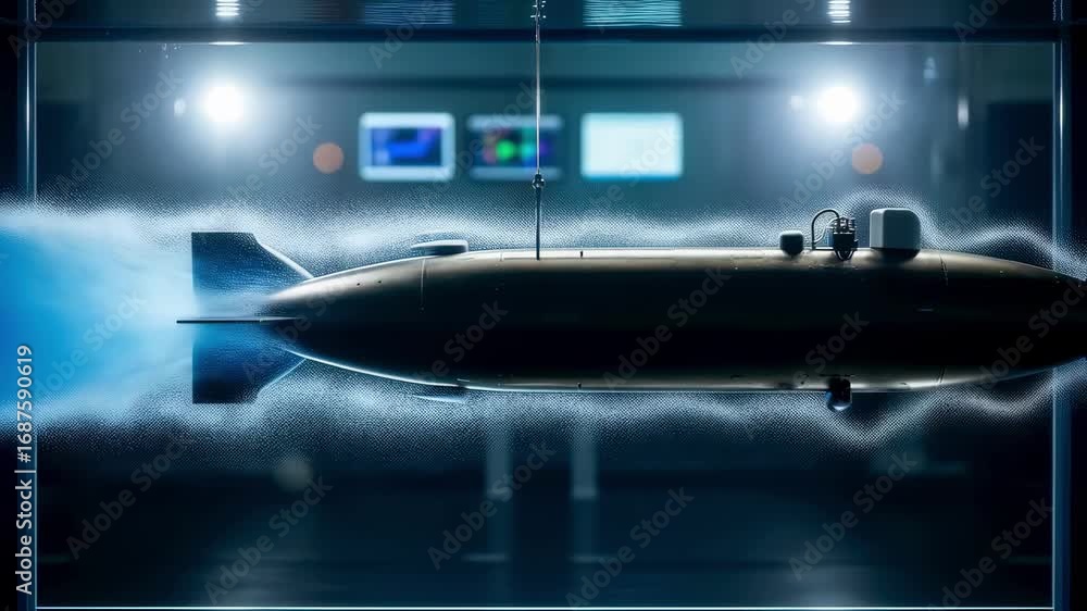 Poster technical view of fluid dynamics around an auv in a pressurized test tank capturing water flow and r