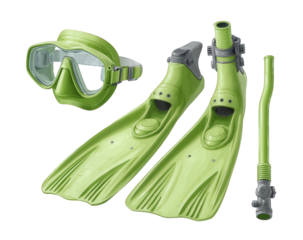 Green diving mask, snorkel, and fins set isolated on transparent background