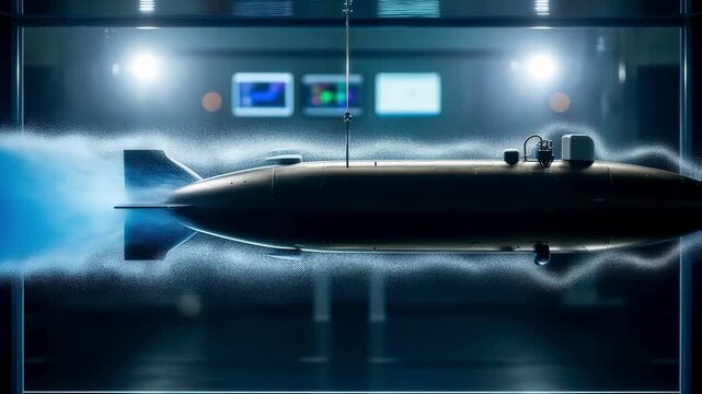 Technical view of fluid dynamics around an AUV in a pressurized test tank capturing water flow and resistance under simulated ocean pressure.