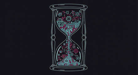 Digital Sands of Time: A Futuristic Hourglass with Glowing Data Streams