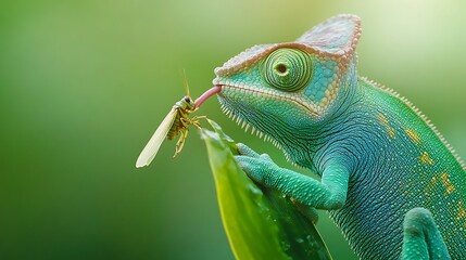 Obraz premium Chameleon catching insect with long sticky tongue on green leaf reptile lizard photo